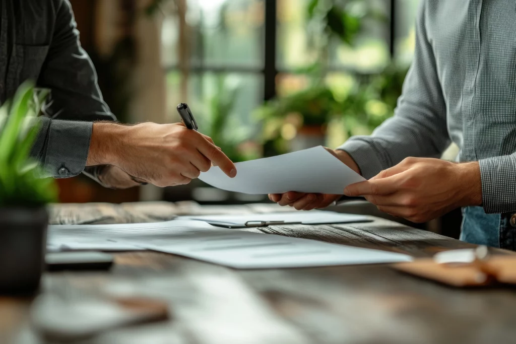 Professionnels signant un contrat lié à l’immobilier d’entreprise