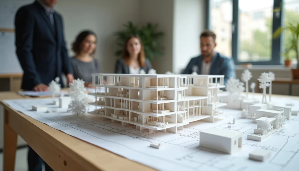 Maquette d'un bâtiment posée sur un bureau lors d'une réunion professionnelle